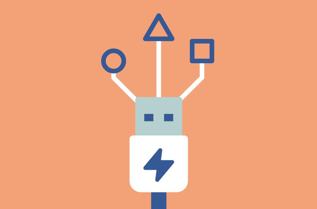 A USB-A cable with a circle, triangle, and square above it.