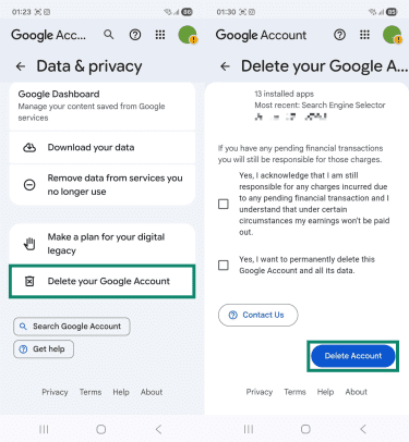 Two Android screenshots side by side showing the "Data & privacy" and "Delete your Google Account" pages. The "Delete your Google Account" and "Delete Account" options are highlighted.