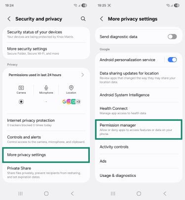 Two Android screenshots side by side showing the "Security and privacy" and "More privacy settings" pages. The "More privacy settings" and "Permission manager" options are highlighted.
