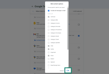 Mail content options in Google Takeout.