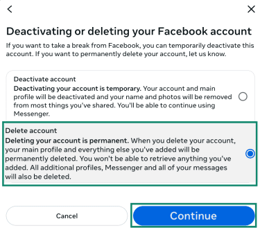 Delete account option in Facebook's settings.
