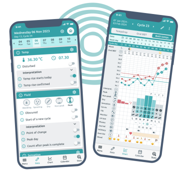 Promotional visual for the Read Your Body app featuring two screenshots—one showing tracking options such as temperature, fluid, and sensations, and the other showing a calendar view with logged symptoms.