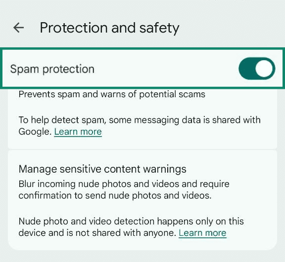 Google Protection and safety settings with Spam protection enabled.