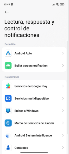 Device and app notifications list on Android, showing allowed and not allowed apps.