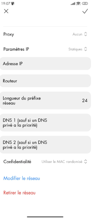 The IP Settings page on an Android phone, showing the options to change DNS 1 and DNS 2 servers.