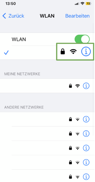 The Wi-Fi settings page of an iOS device, showing the small "i" button next to the active network.