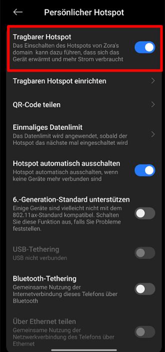 Android Connection and sharing screen showing Portable hotspot option toggled on in hotspot settings.