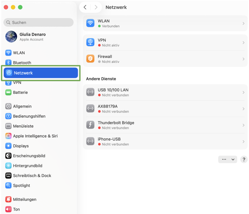 The System Preferences menu, showing the Network option.