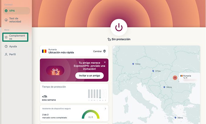 ExpressVPN macOS app with the "Add-ons" tab highlighted.
