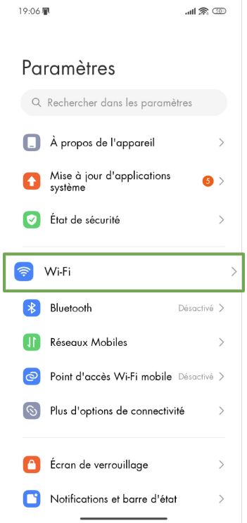 The Android Settings menu, showing the Wi-Fi button.