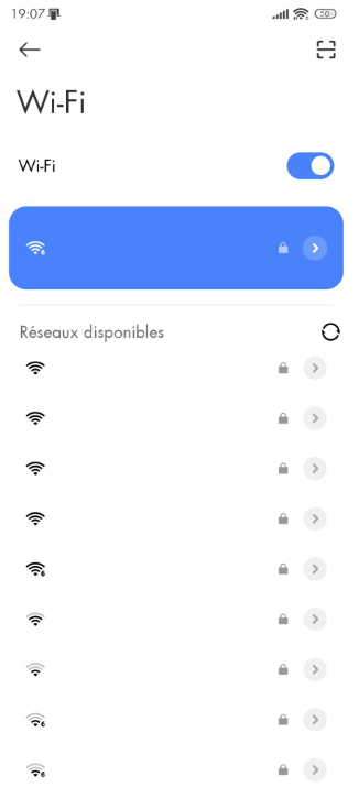 The Wi-Fi screen of the Android Settings menu, showing the list of available networks.