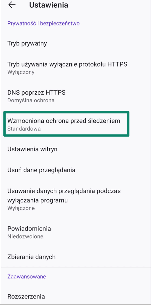 Firefox settings showing Enhanced Tracking Protection option.