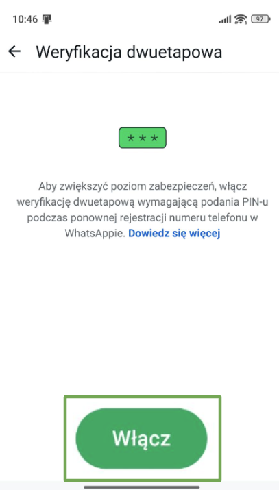 WhatsApp Two-step verification screen highlighting the Turn on button.