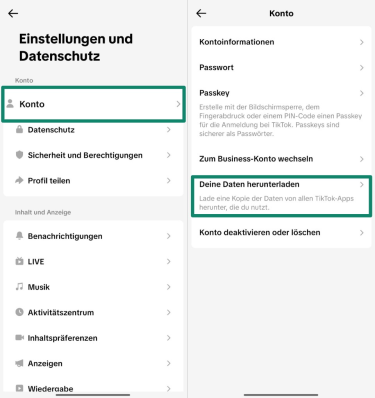 Screenshot showing how to access the Account menu in TikTok's settings (left) and download your 
