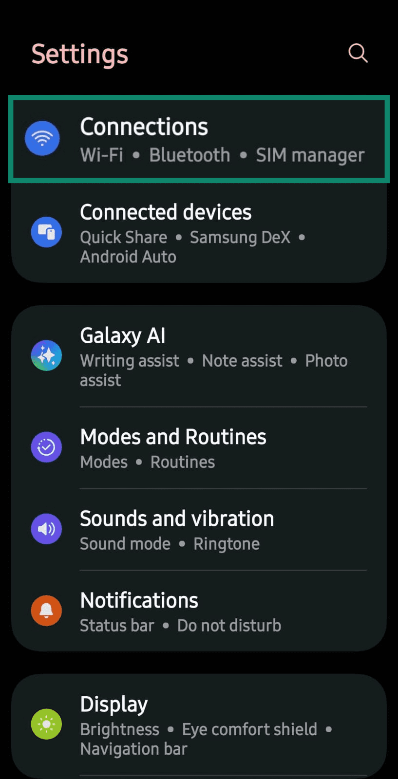 Close-up of Android settings menu with Connections settings highlighted.
