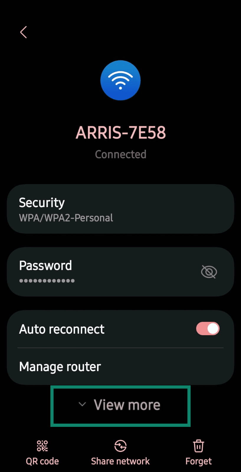 View more button highlighted under the connected Wi-Fi network on Android.