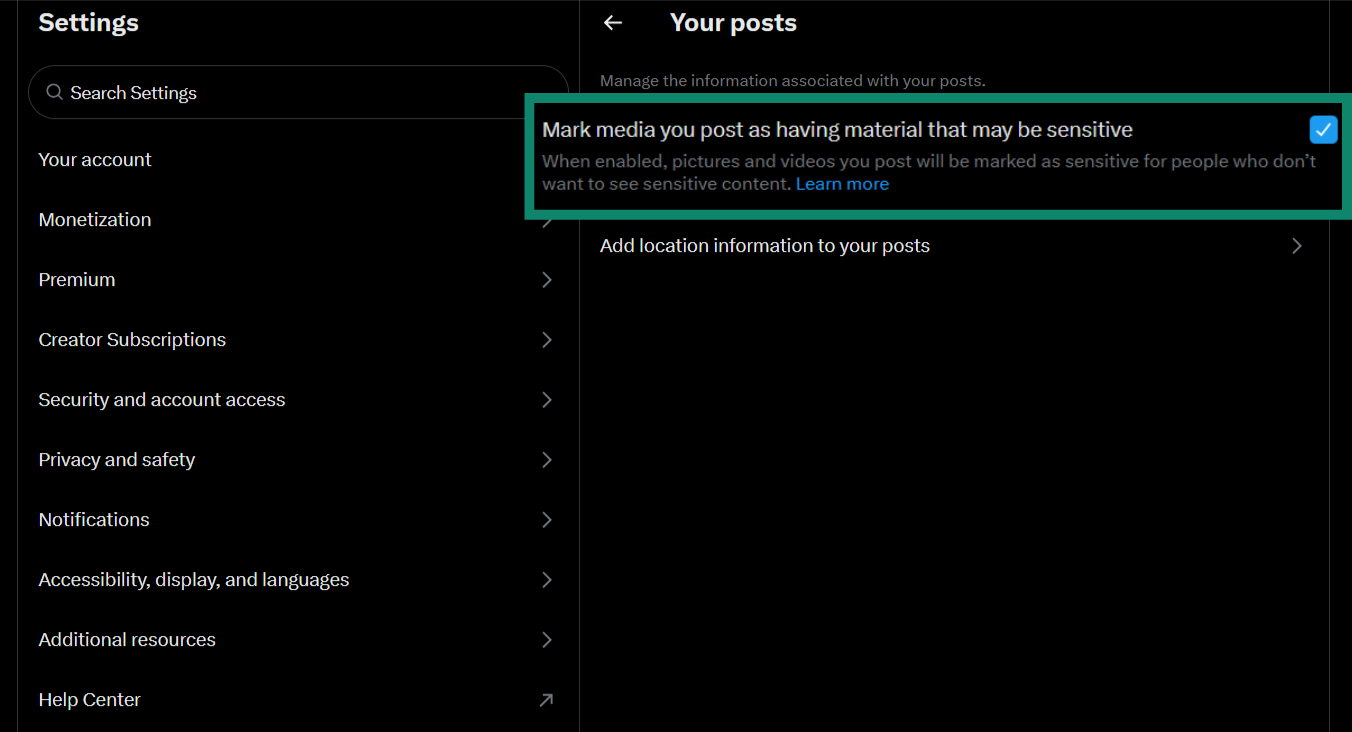 The Your posts section of the Twitter settings, showing the option to mark the user's posts as sensitive.