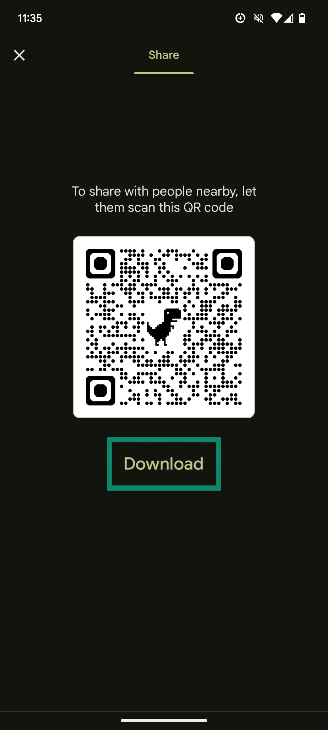 An Android smartphone screenshot, showing a QR code generated using the Chrome mobile app, with the Download button highlighted.