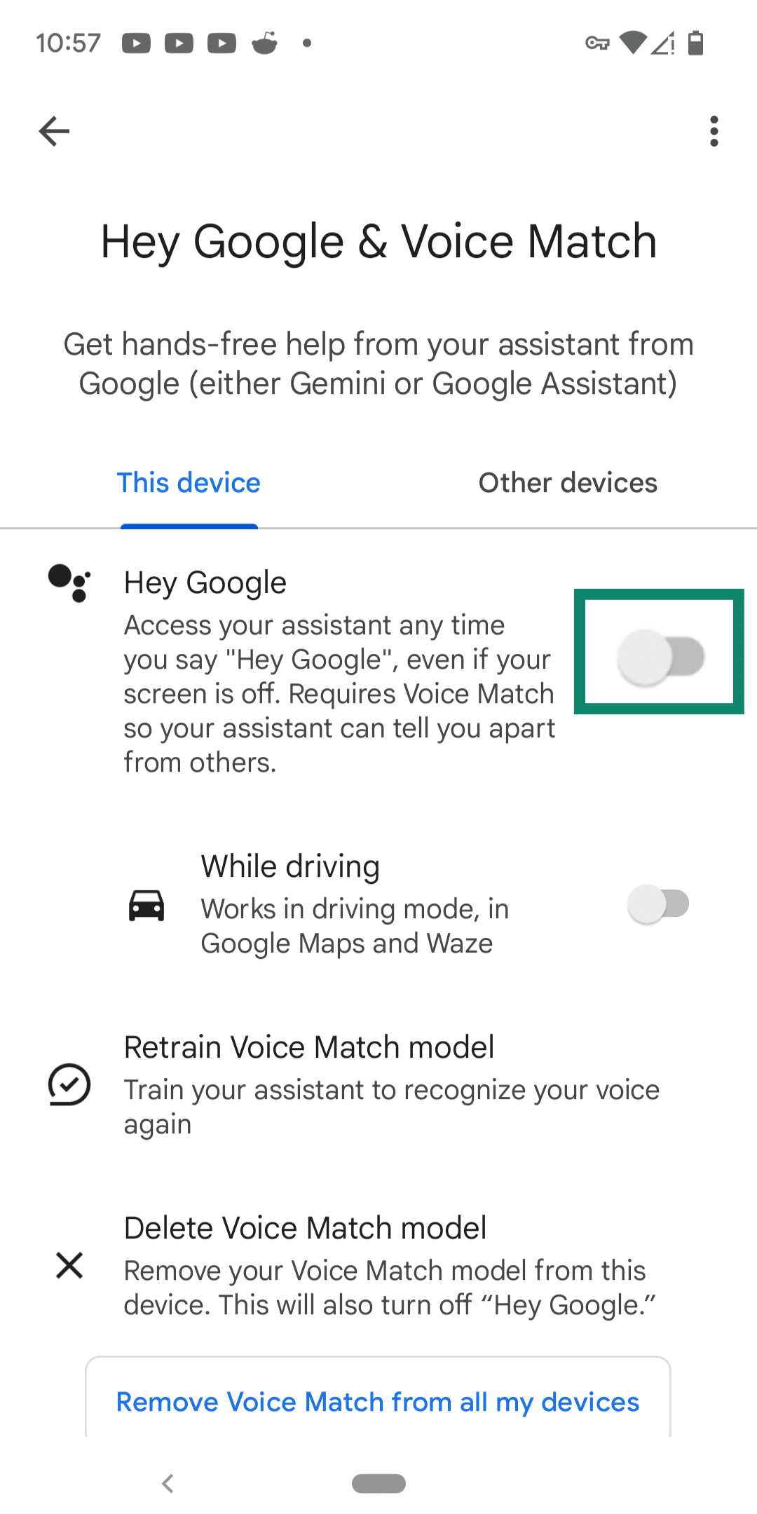 Toggling off Hey Google.
