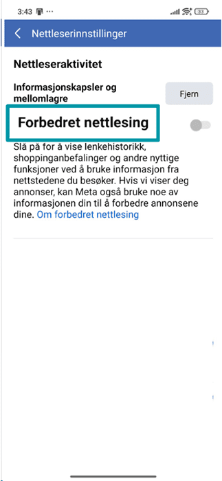 Facebook mobile app Browser settings with the Enhanced browsing toggle highlighted.