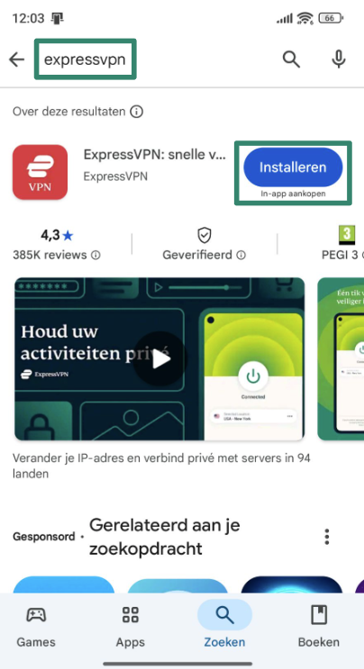 Installing ExpressVPN through the Google Play Store.