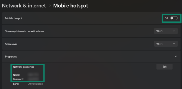 Enabling the Mobile hotspot on Windows.