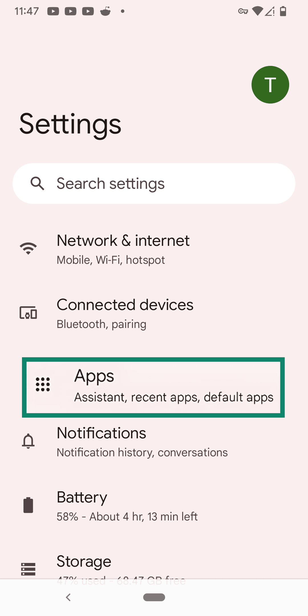 The Android Settings screen, highlighting Apps.