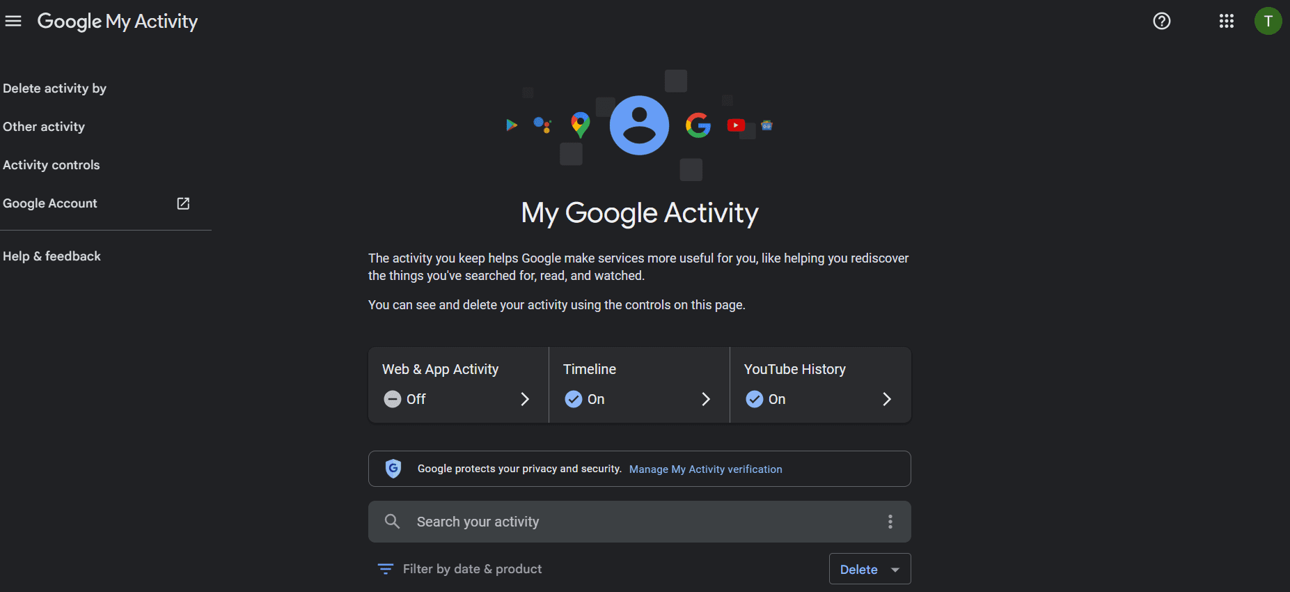 My Google Activity home page.