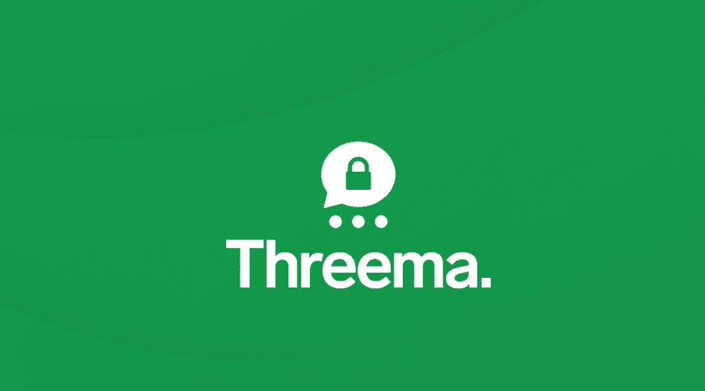Threema logo. A white speech bubble with a padlock inside, above the word ‘Threema.’ in white text on a green background.