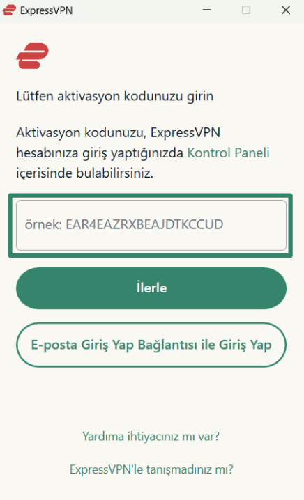 Logging into ExpressVPN on Windows using activation code.