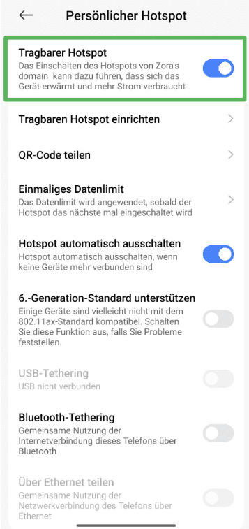 Android Mobile Hotspot settings.