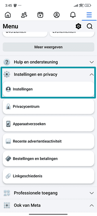 Facebook Android app Menu with Settings & privacy and Settings highlighted.
