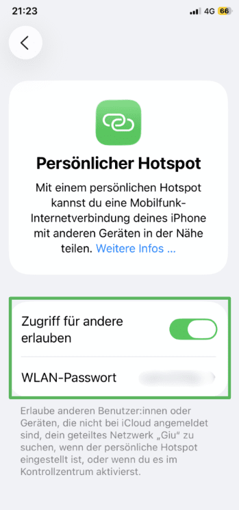 iPhone Personal Hotspot settings with Allow Others to Join and Wi-Fi Password highlighted.