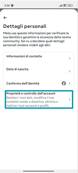 Facebook Android app Personal details settings with Account ownership and control highlighted.