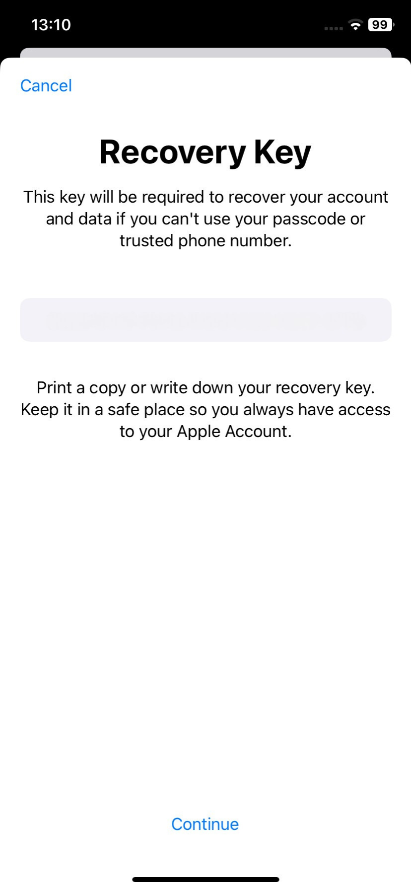 iOS Recovery Key confirmation screen