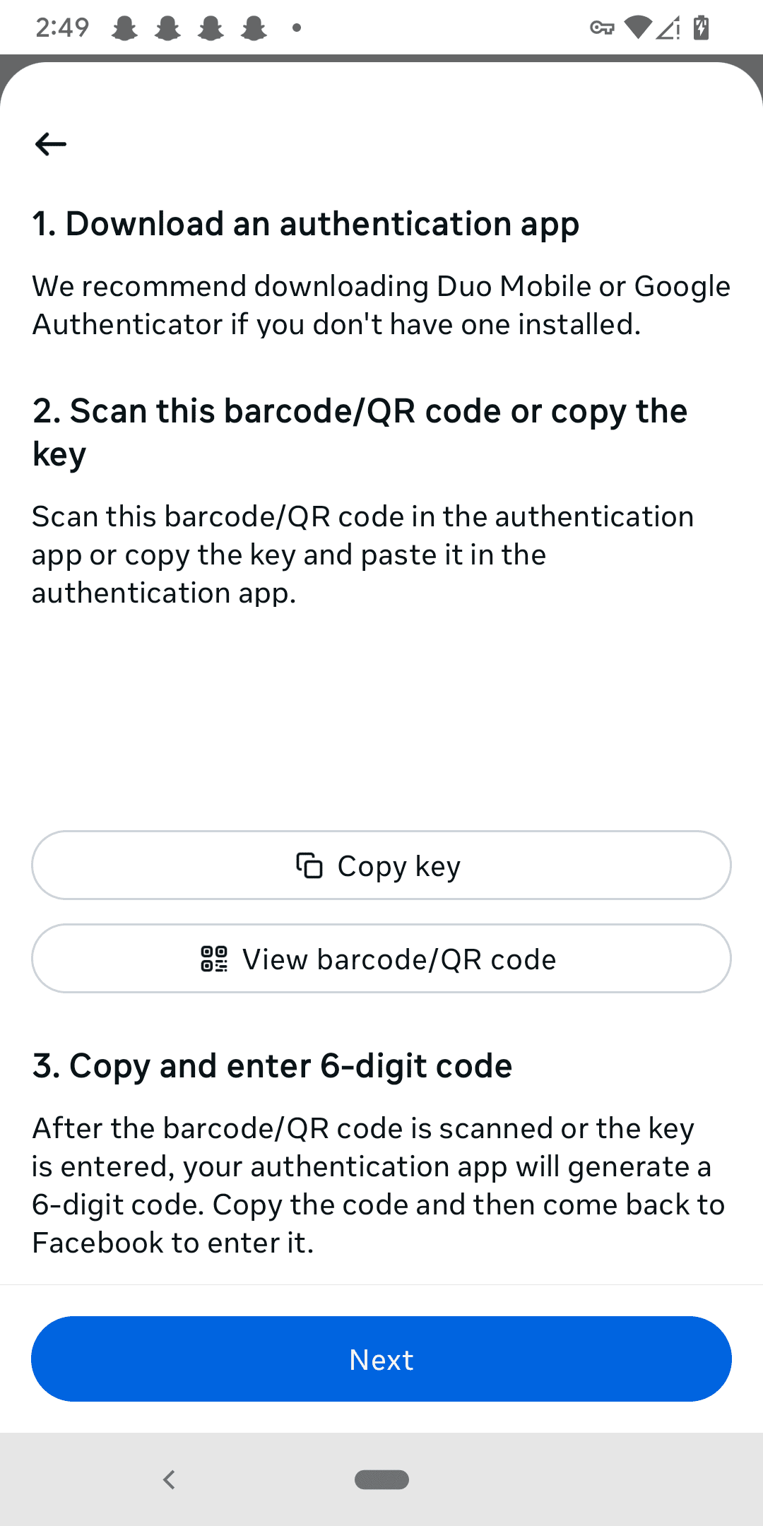 A choice between linking the 2FA app to the account using either an alphanumeric code or a QR code.