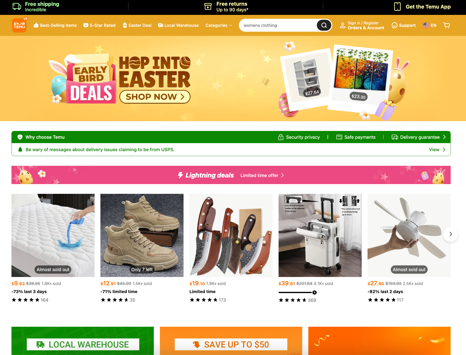 Temu homepage with flash deals, limited-time offers, and deep discounts across product categories