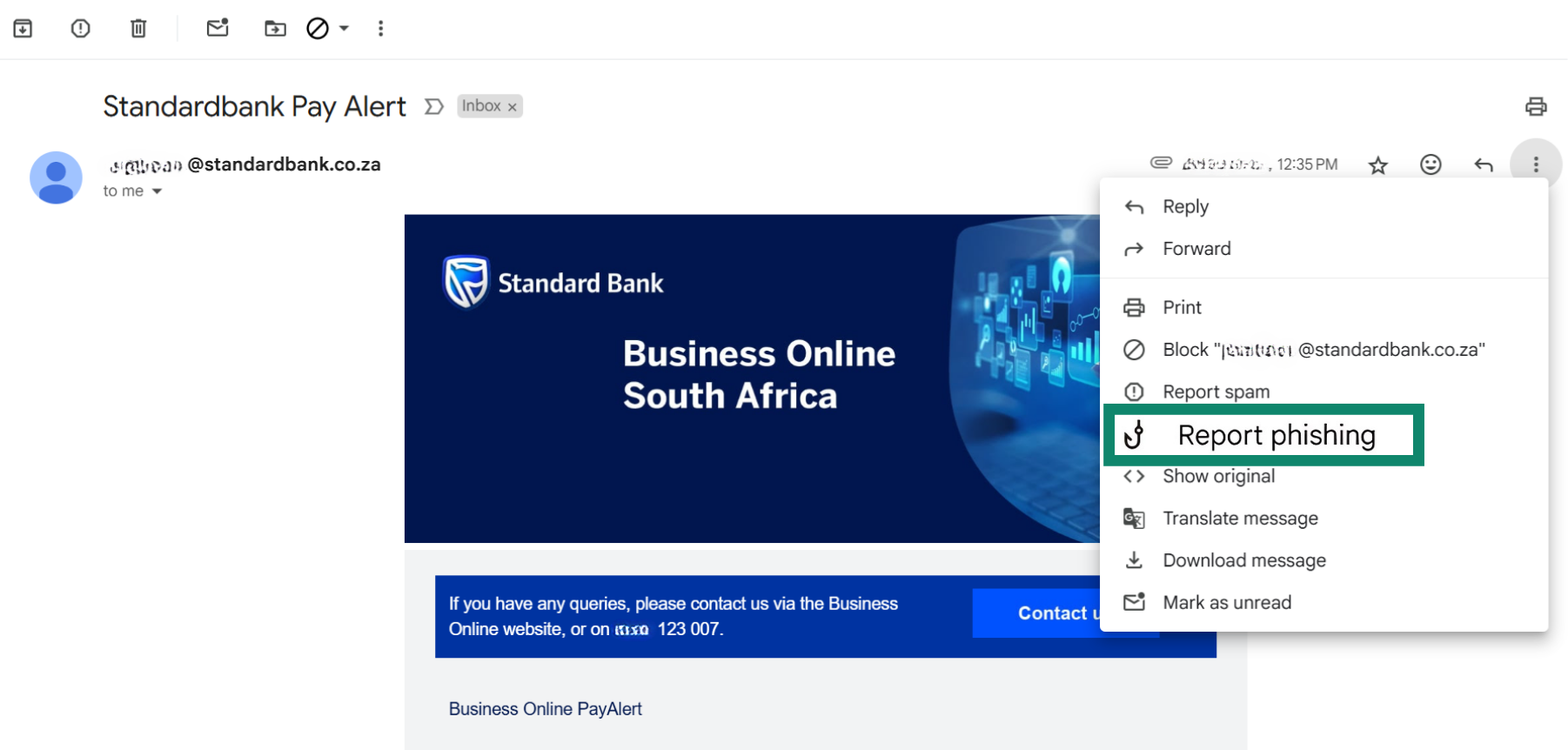 A screenshot showing the steps to report a phishing email in Gmail.