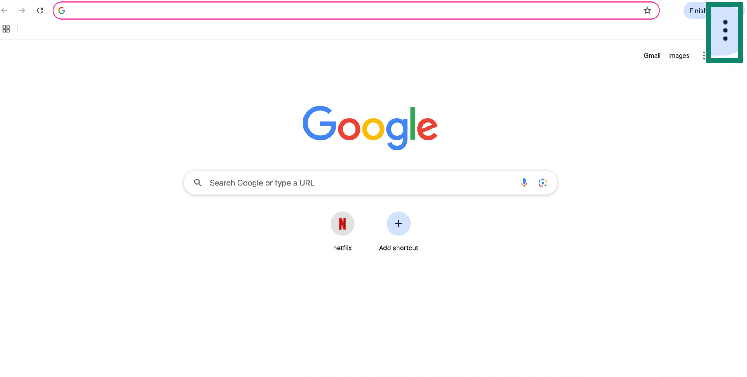 Google Chrome homepage with menu button