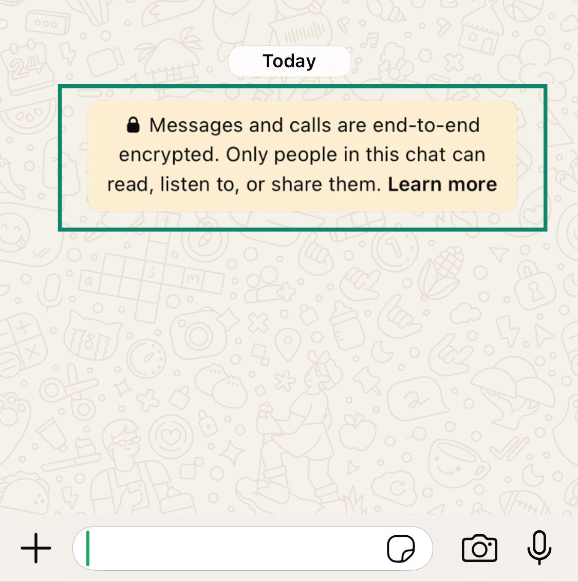The “Messages and calls are end-to-end encrypted” banner in a new WhatsApp chat.