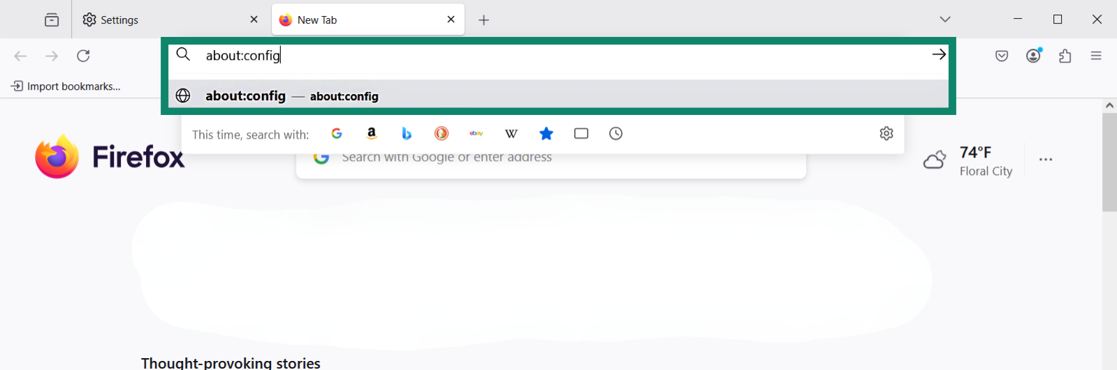 About:config typed into the Firefox URL bar.