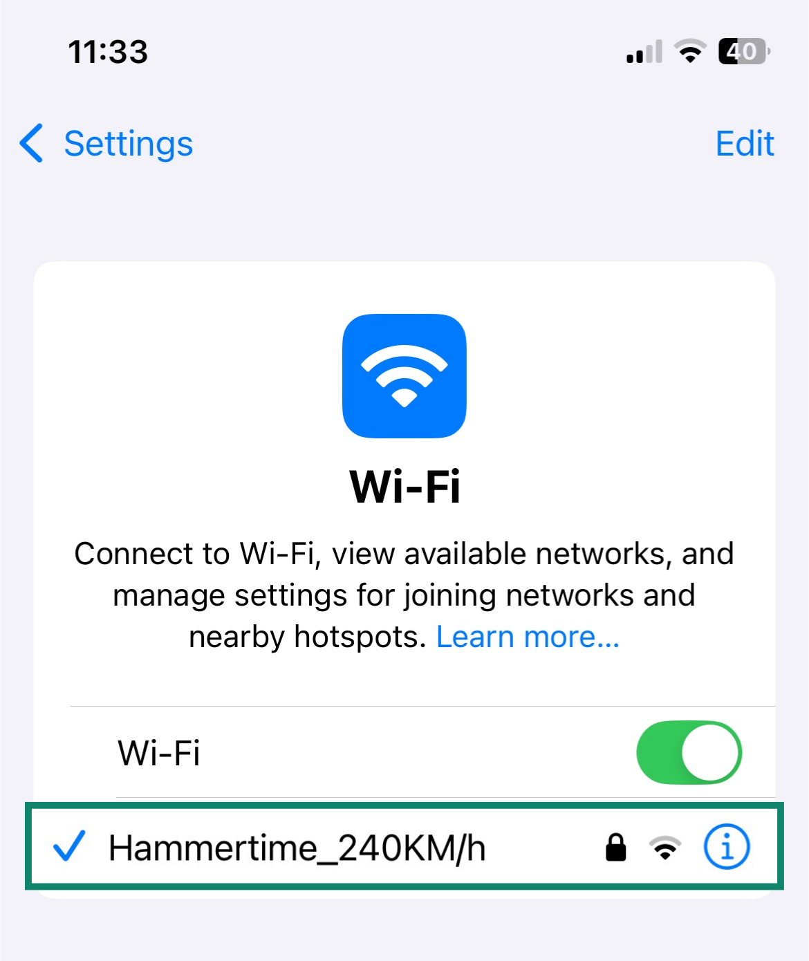 Close-up of available Wi-Fi networks on iOS with the active connection highlighted.