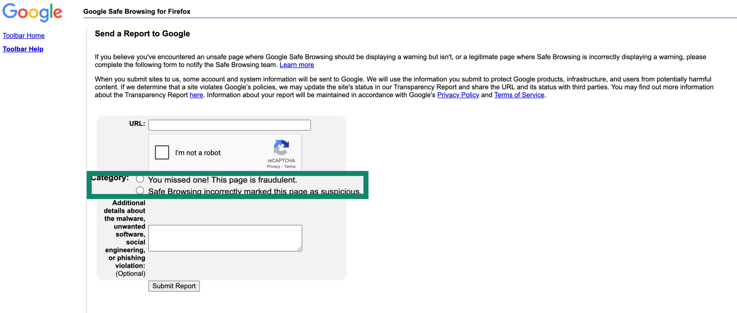 Página de Navegación segura de Google con el campo de categoría resaltado.
