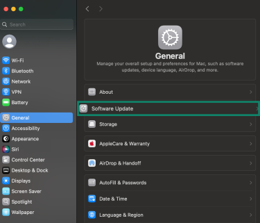 Mac System Settings General tab with Software Update highlighted.