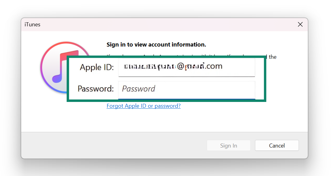 iTunes login window with Apple ID and Password fields displayed and highlighted.