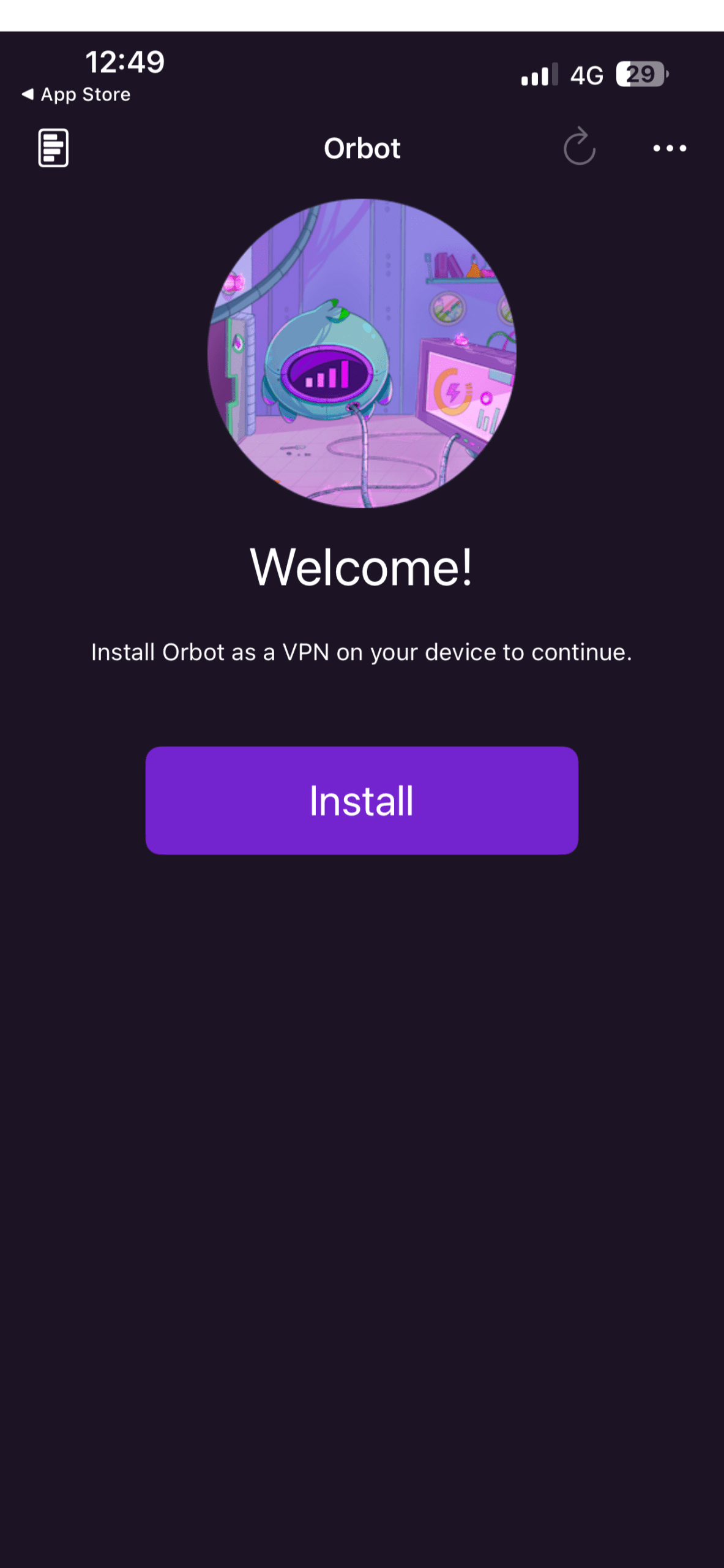 The Onion Browser app with the Install button highlighted.