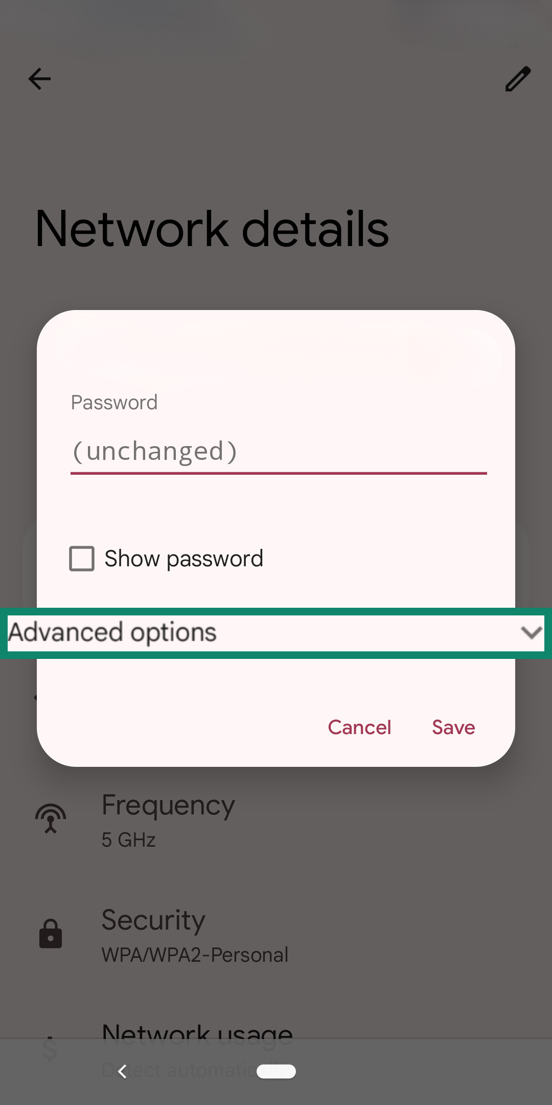 Advanced options highlighted in a box within the Android Network details Edit menu.