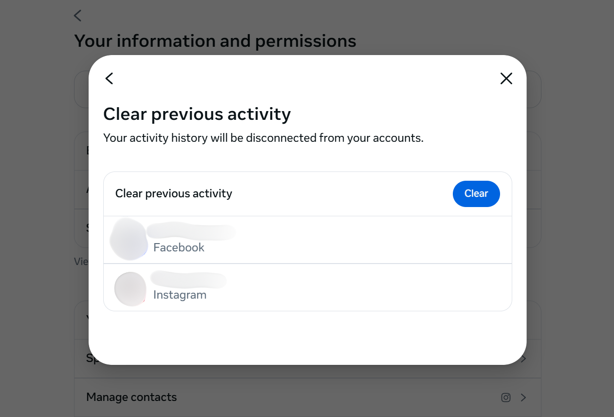 Menu showing the accounts from which off-site activity will be cleared.