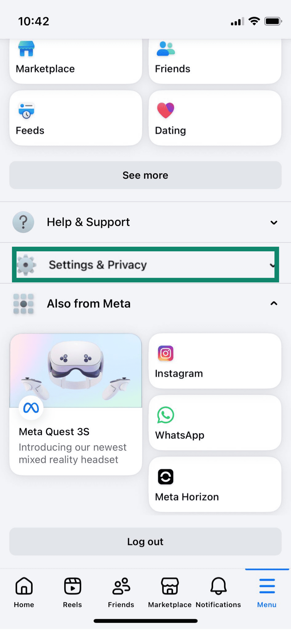 The Facebook Settings & Privacy option.