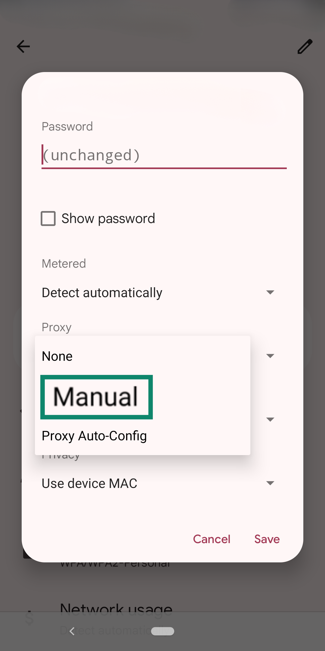 The Android proxy menu with an emphasis on the Manual option.